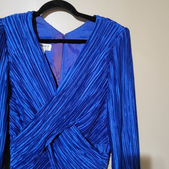 VTG George F Couture Plisse Pleated Fortuny Cobalt Blue Evening Gown Size: 12 - Picture 7 of 13